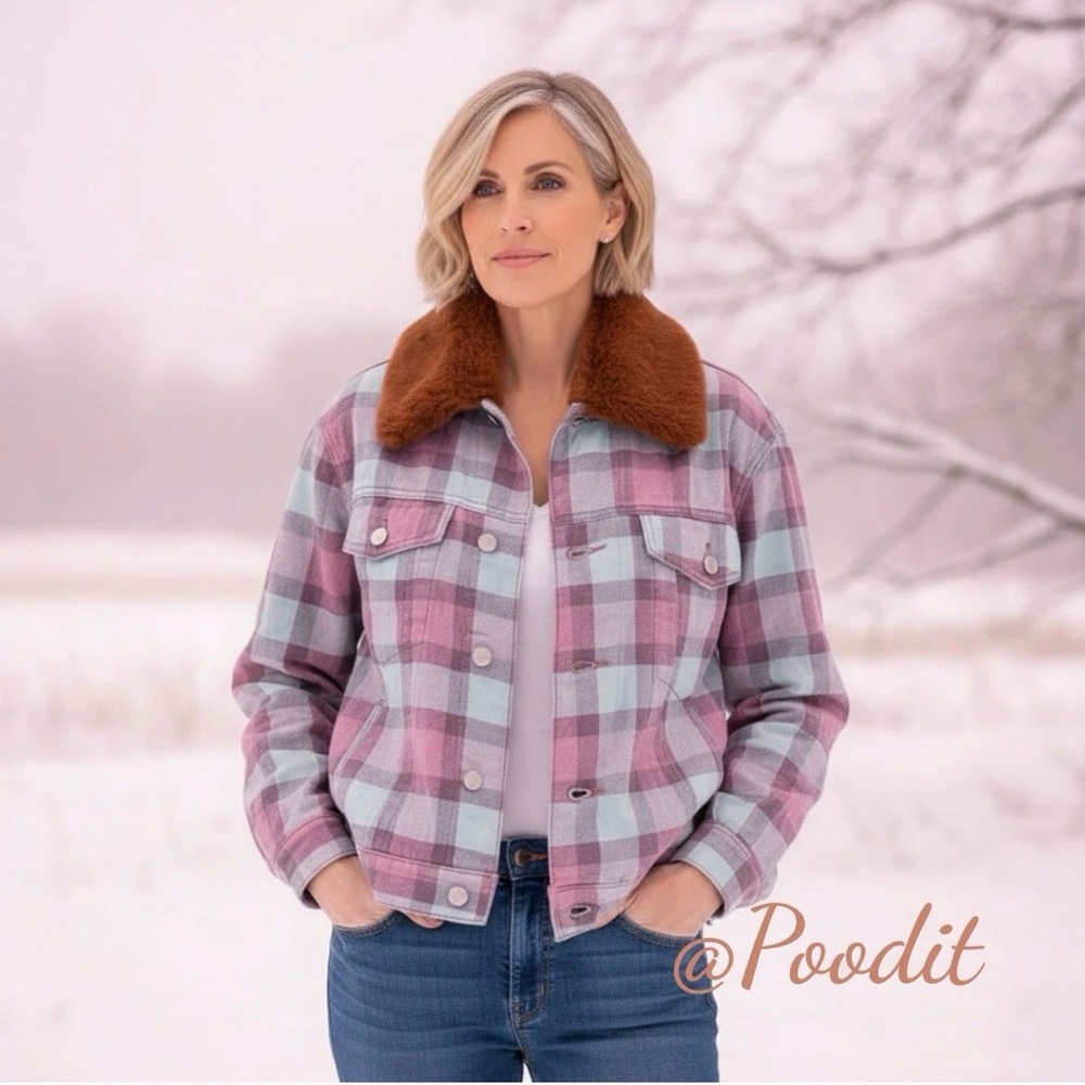 SIGNATURE 8 removable faux fur collar checkered jean jacket S M L